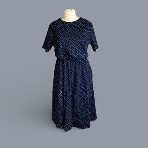 Lands’ End Vintage 90s Navy Blue Knit Polka Dot Shirt Sleeve Midi Dress Size L